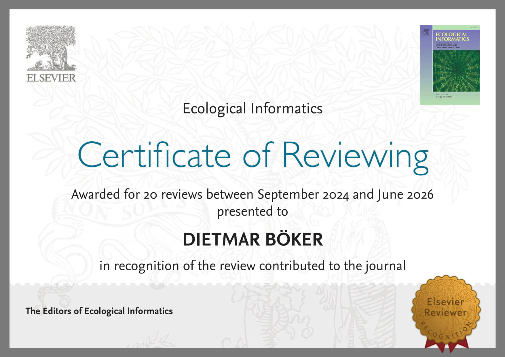 Zertifikat Ecological Informatics